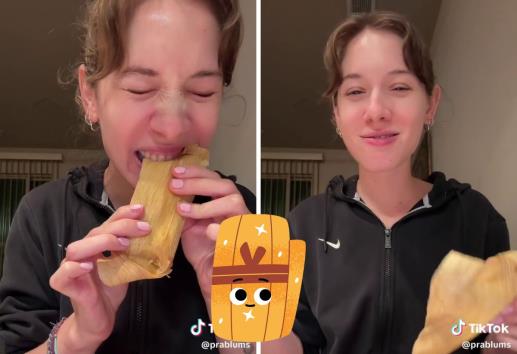 Con todo y hoja; tiktoker de EU sorprende al comer tamales por primera vez