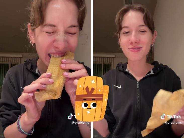 Con todo y hoja; tiktoker de EU sorprende al comer tamales por primera vez