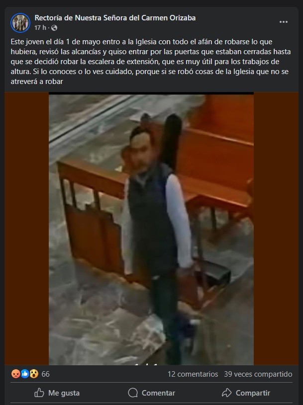 ¡Ni la iglesia respetan! Roban escalera en Rectoría de El Carmen en Orizaba