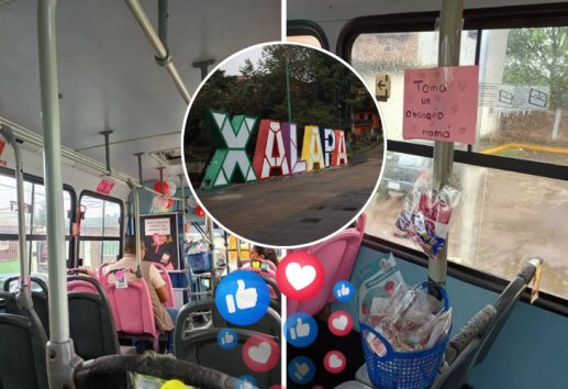 ¡Solo en Xalapa! conductor de autobús reparte obsequios; por el 10 de mayo