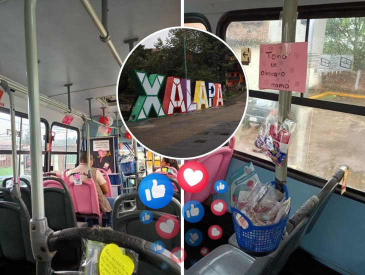 ¡Solo en Xalapa! conductor de autobús reparte obsequios; por el 10 de mayo