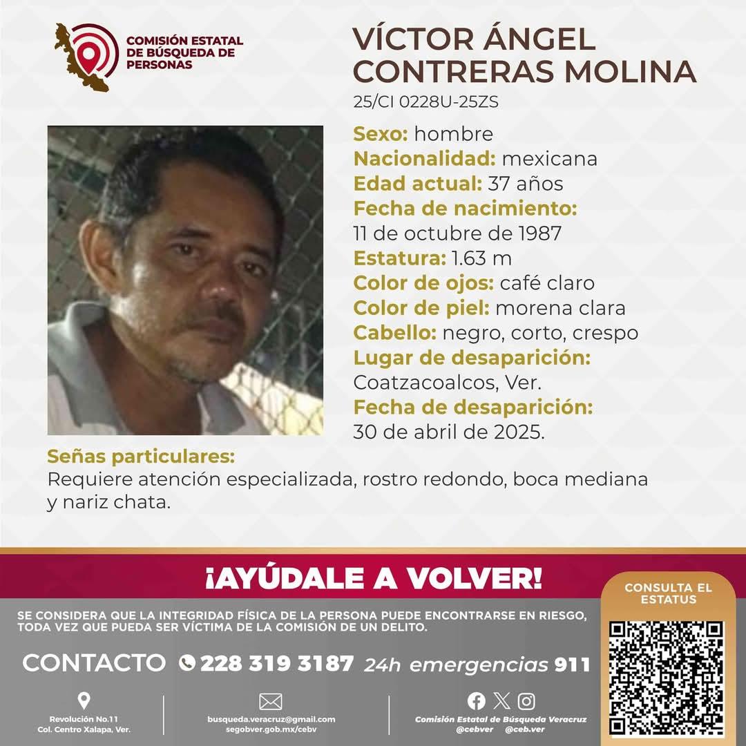 Víctor Ángel Contreras, desaparecido desde el 30 de abril en Coatzacoalcos