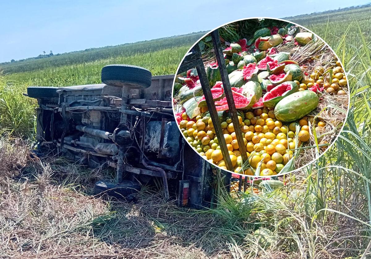 Camioneta cargada con sandías y naranjas termina en el pantano de Las Matas