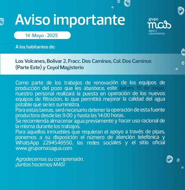Grupo MAS alerta por falta de agua en colonias de Veracruz este jueves 15 de mayo