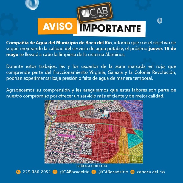No habrá agua potable en 3 colonias de Boca del Río hoy 15 de mayo