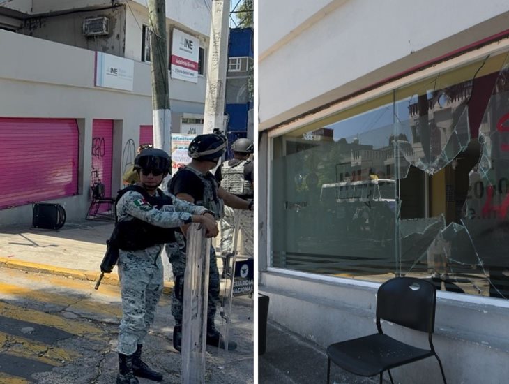 Casi se enfrentan encapuchados y Guardia Nacional tras vandalizar el INE y el PRI en Xalapa 