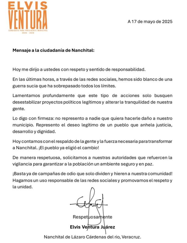 Candidato de MC en Nanchital responde a amenazas del narco; clama garantizar paz en elecciones