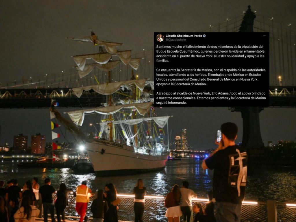 Confirma Claudia Sheinbaum dos muertos tras choque de Velero Cuauhtémoc con el puente de Brooklyn