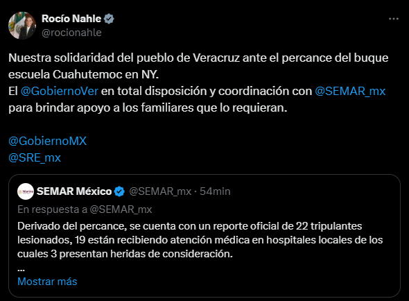 Rocío Nahle ofrece ayuda a familiares de lesionados por choque de buque escuela Cuauhtémoc en Brooklyn