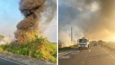 Intenso incendio cierra la vialidad en la carretera Coatzacoalcos-Minatitlán