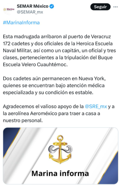 Cadetes de la Heroica Escuela Naval regresan a Veracruz; tras accidente en Nueva York