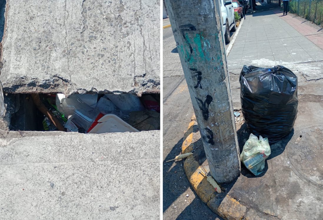 Denuncian acumulación de basura dentro de registros sin tapas en la zona de mercados en Veracruz