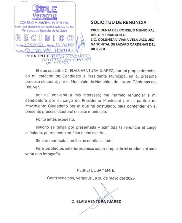 Renuncia Elvis Ventura, candidato de MC en Nanchital que vinculan con el CJNG