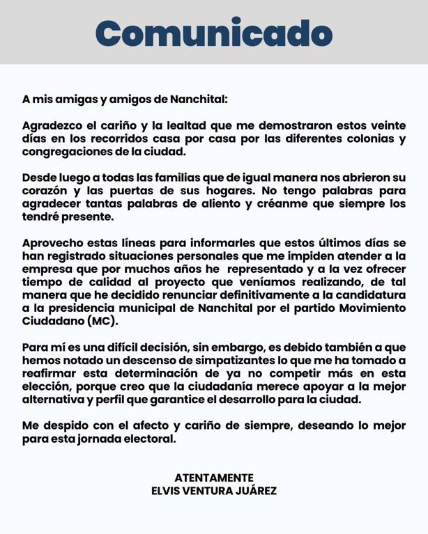 Renuncia Elvis Ventura, candidato de MC en Nanchital que vinculan con el CJNG