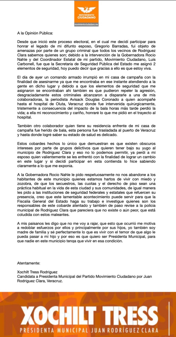 Se pronuncia Xochilt Tress tras atentado en su casa de campaña en Rodríguez Clara, ¿abandonará candidatura?