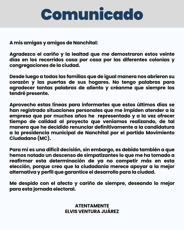 Renuncia Elvis Ventura, candidato de MC a la alcaldía de Nanchital