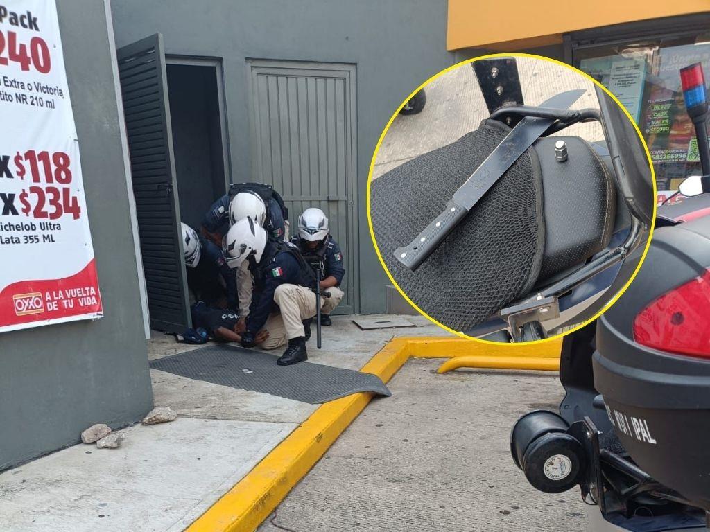Empleadas de Oxxo en Coatzacoalcos se arman de valor y encierran a ladrón, iba armado con un machete