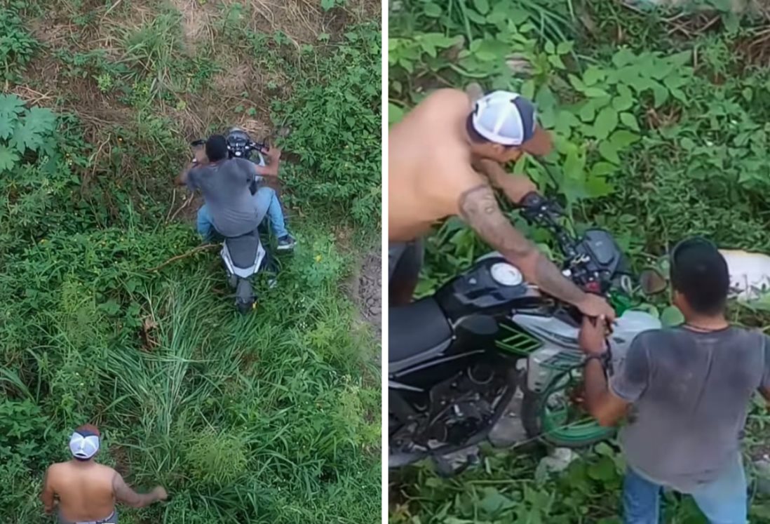 Deja moto encendida y cae al arroyo desde un puente en Úrsulo Galván; dueño logra rescatarla