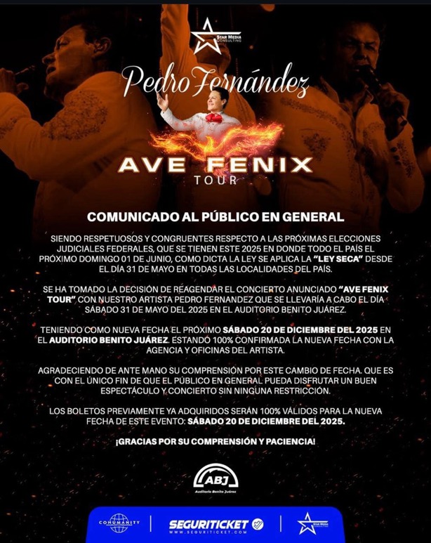 Por esta razón reprograman concierto de Pedro Fernández en Veracruz