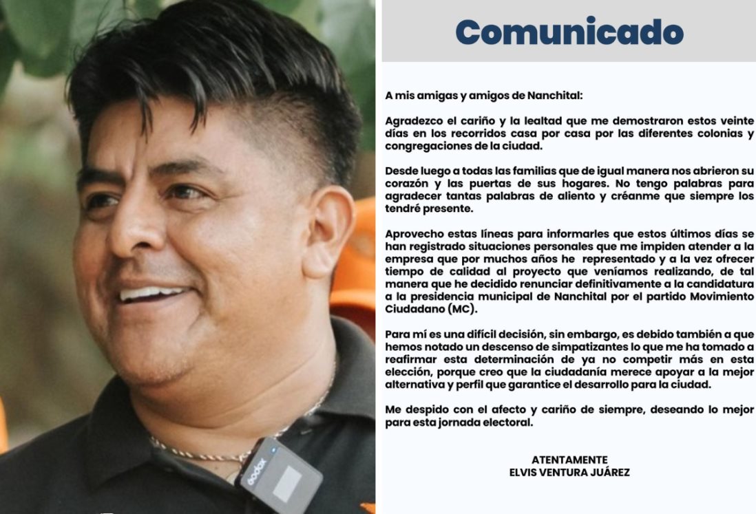 Renuncia Elvis Ventura, candidato de MC a la alcaldía de Nanchital