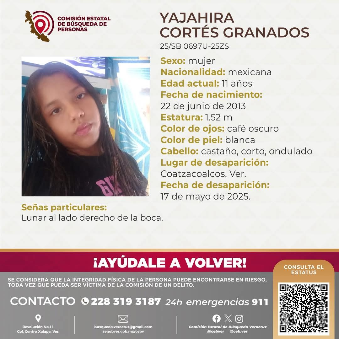 Yajahira Cortés Granados de 11 años, desaparecida desde el sábado en Coatzacoalcos