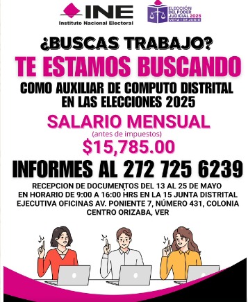 Elecciones judiciales: INE ofrece vacante como auxiliar de Cómputo Distrital en Orizaba