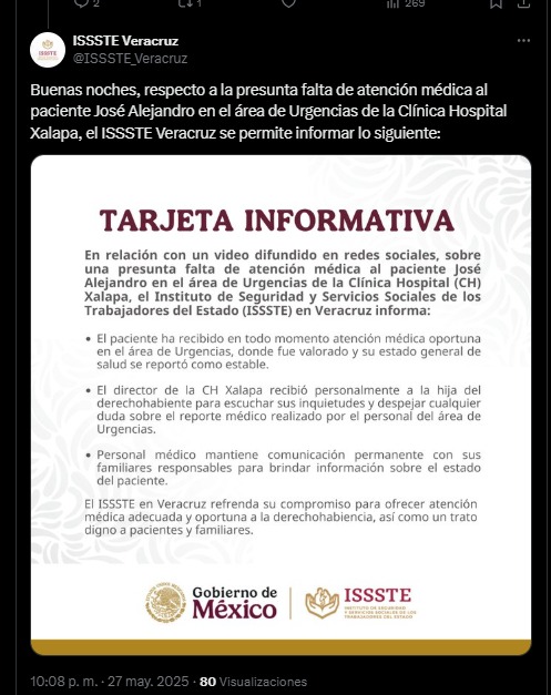 ISSSTE responde sobre versión de falta de atención médica en Xalapa