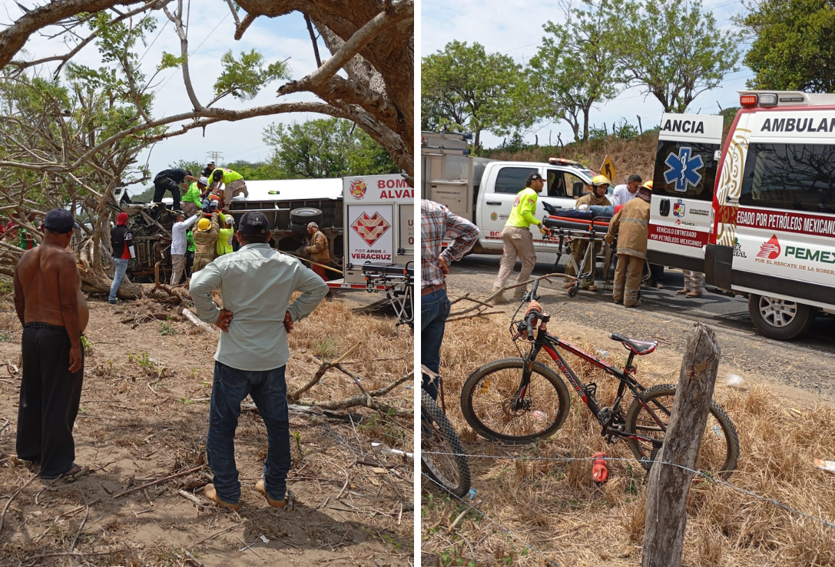Rescatan con vida a chofer atrapado tras volcar su camión en carretera Costera del Golfo