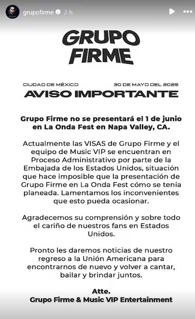 Grupo Firme cancela concierto en Estados Unidos; problemas con visas frenan su presentación