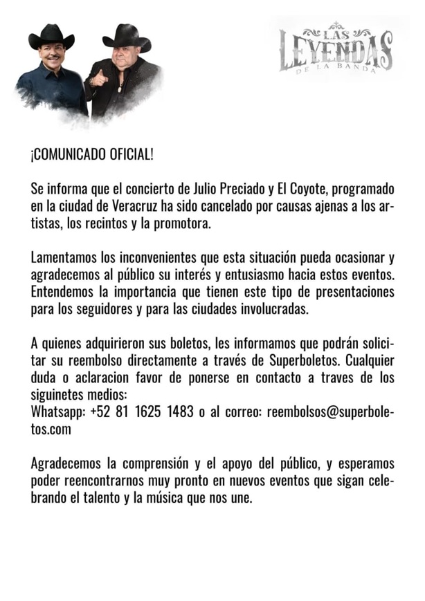 Cancelan show de Julio Preciado y El Coyote en Veracruz