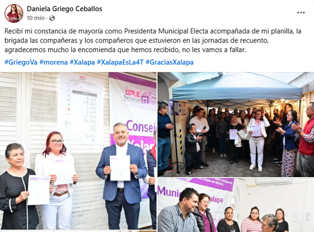 Daniela Griego recibe constancia de mayoría, como presidenta municipal electa de Xalapa