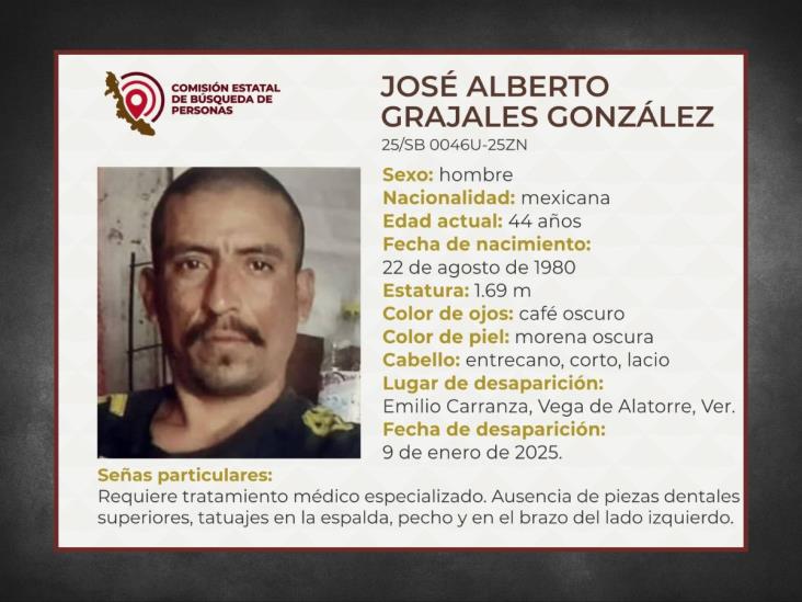 Continúa la búsqueda de José Alberto Grajales González, desaparecido en Vega de Alatorre