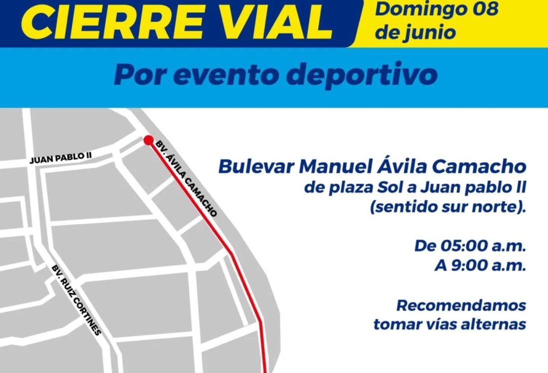 Habrá cierre vial este 8 de junio en Boca del Río por evento deportivo