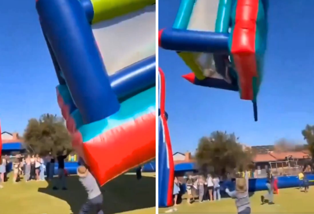 Accidente en festival escolar: castillo inflable vuela con dos niños dentro | VIDEO