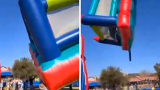 Accidente en festival escolar: castillo inflable vuela con dos niños dentro | VIDEO