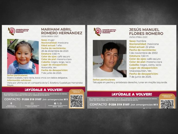 Desaparecen niña de 1 año y joven de 22, en la región centro de Veracruz