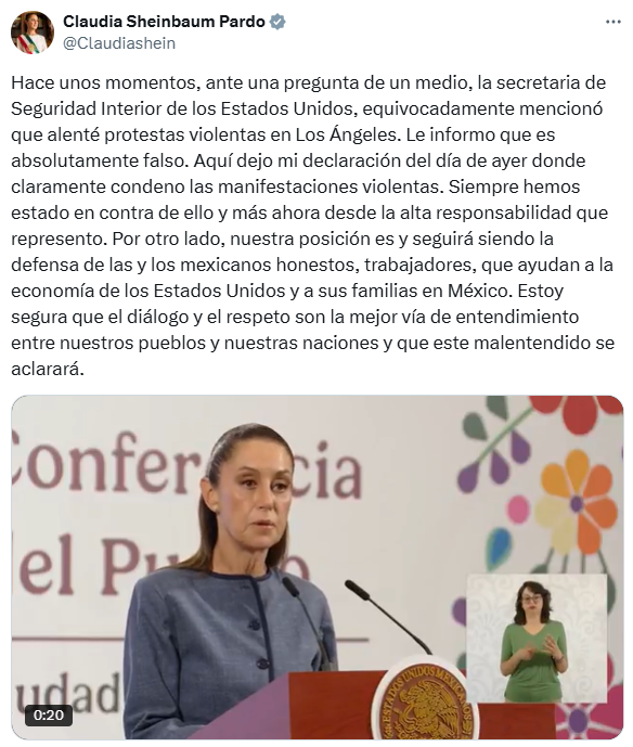 Claudia Sheinbaum niega haber alentado protestas en Los Ángeles; reacciona a declaración de Kristi Noem