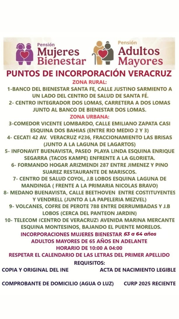 Módulos para incorporarse a la pensión Mujeres Bienestar en Veracruz y Boca del Río | Horarios 