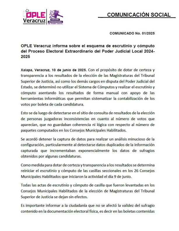 OPLE contará voto por voto cómputo de elección judicial, tras caída del sistema