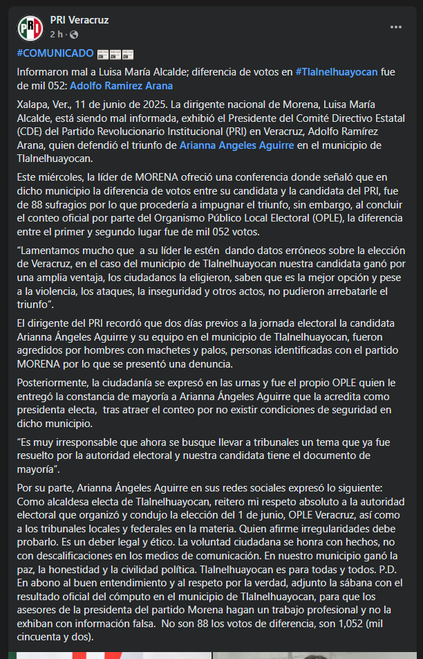 Están desinformando; PRI Veracruz sobre impugnación a elección en Tlalnelhuayocan