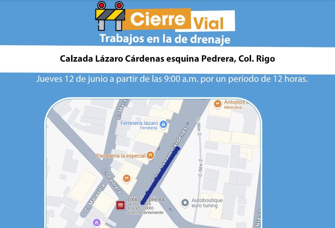 Anuncian cierre vial este jueves 12 de junio en Boca del Río por obras en calzada Lázaro Cárdenas