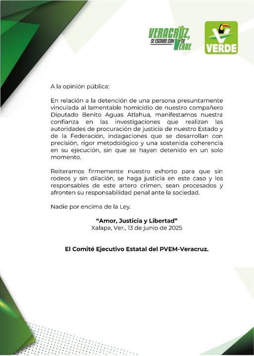 PVEM exige justicia y castigo para responsables del crimen del exdiputado federal Benito Aguas