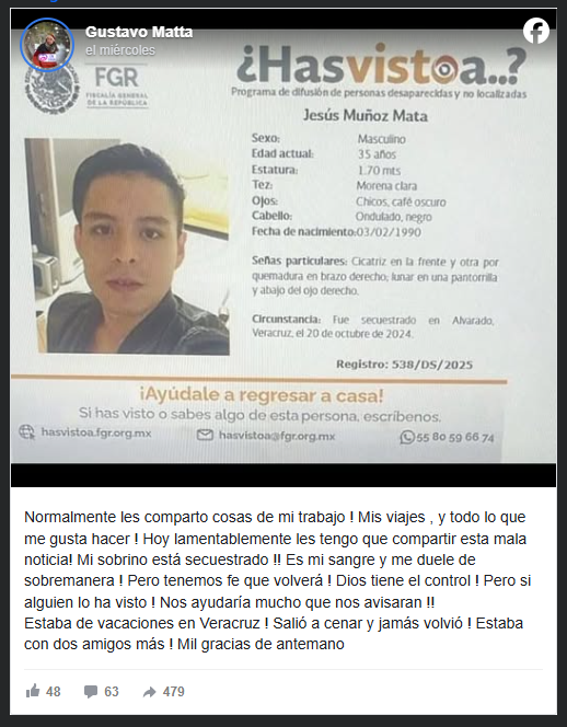 Desde octubre, sobrino del diseñador mexicano Gustavo Matta desapareció en Veracruz
