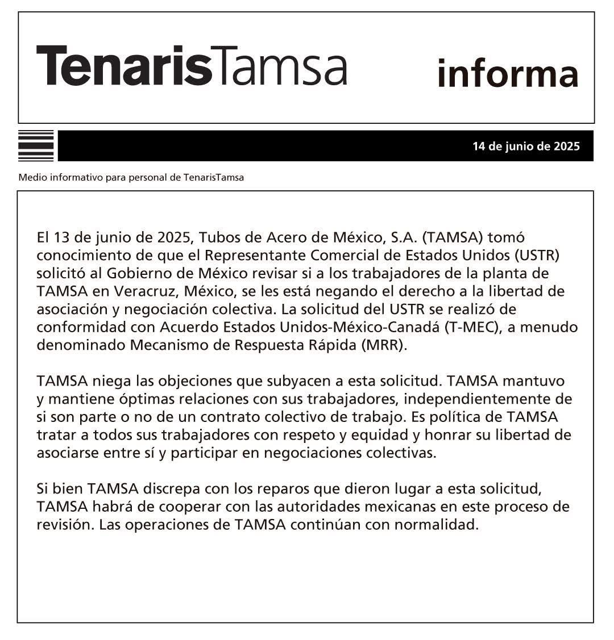 Tamsa rechaza negar derecho de asociación a empleados en planta de Veracruz