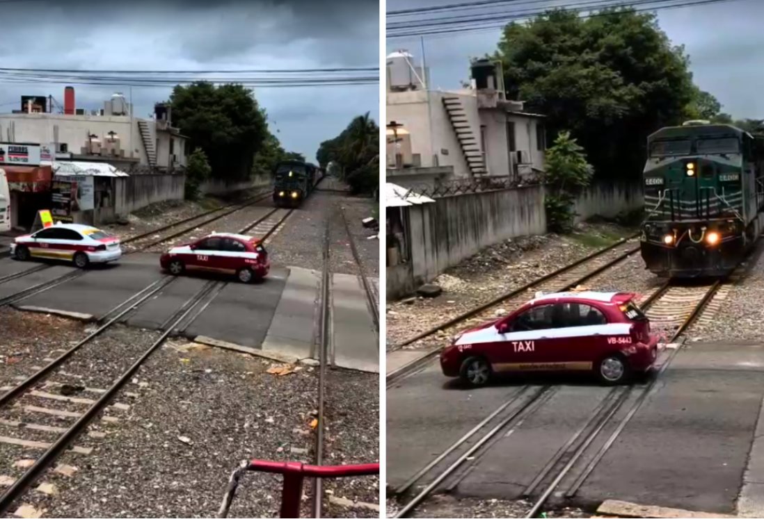 Captan en VIDEO a taxi salvándose de ser arrollado por el tren en Veracruz