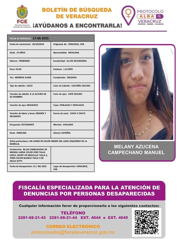 Activan el Protocolo Alba por desaparición de Melany Azucena de 14 años en la ciudad de Veracruz