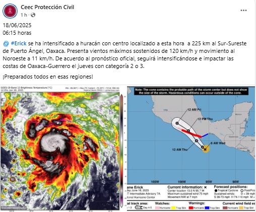 Erick se convierte en huracán categoría 1; se aproxima a costas de Oaxaca y Guerrero