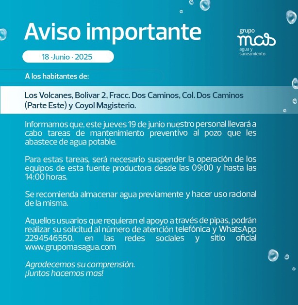 Estas 5 colonias de Veracruz no tendrán agua potable HOY 19 de junio, informa Grupo MAS