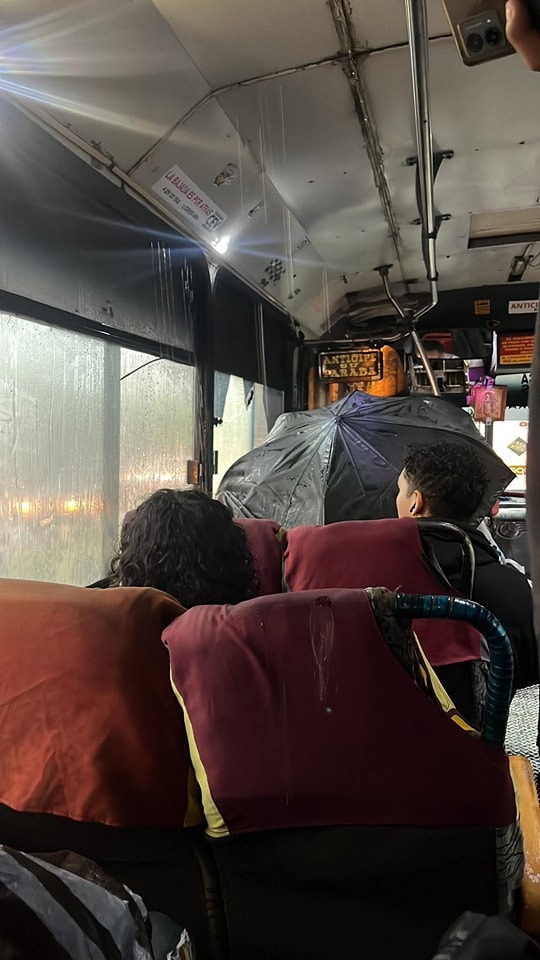 Captan en FOTO a pasajero usando paraguas dentro de camión urbano en Veracruz por filtraciones