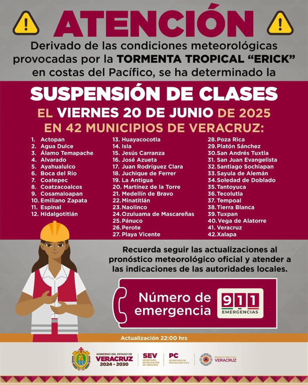 SEV suspende clases en Veracruz por tormenta tropical Erick